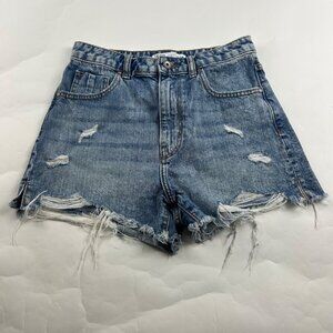 Zara Blue Distressed Denim High Rise Button Fly Cutoff Shorts 4